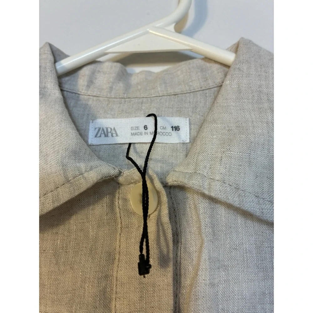 Zara Linen Blend Jumpsuit Girls Sz 6 Oatmeal Button Front Long Sleeve - Picture 2 of 4